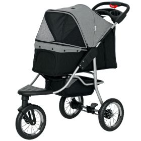 Pet Stroller with 3 Wheels, One-click Folding Design, Adjustable Canopy, Zippered Mesh Window Door, Grey