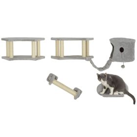 Wall Mounted Cat Shelves with Scratching Post, Ladder, Condo, Jumping Platforms, Light Grey
