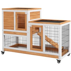 Wooden Rabbit Hutch, Indoor Bunny Cage with Wheels, Pull Out Trays, Run, Yellow