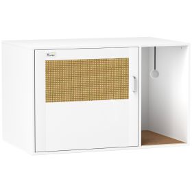 Cat Litter Box Enclosure, Cat Washroom End Side Table with Rattan Door, Scratching Pad, Non-slip Foot Pads, White