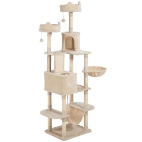81" Large Cat Tree w/ Scratching Posts, Condos, Beds, Hammocks, Jumping Platforms, Toy Balls, Rope Cat Toy, Beige