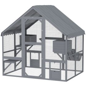 Large Catio Outdoor with Waterproof Cover, 2 Resting Boxes, 4 Platforms, Bridge, for 2-4 Kittens, Grey