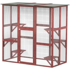 71" x 39" x 71" Cat Cage, Large Outdoor Wooden Cat Patio with 6 Balanced Platforms and Asphalt Roof, Wine Red