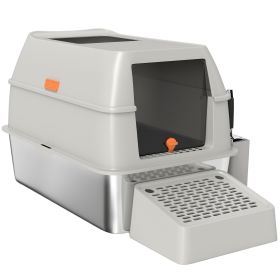 Stainless Steel Cat Litter Box with Lid, High Sided, Scoop, Easy Clean, Non-Sticky & Anti-Leakage, Light Grey