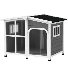 Wooden Dog House, Raised Pet Kennel with Removable Bottom, Openable Asphalt Roof, Door Curtain, Side Windows, Dark Grey