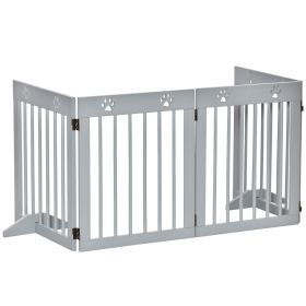 Freestanding Pet Gate 4 Panel Wooden Dog Barrier Folding Safety Fence with Support Feet for Doorway Stairs Light Grey