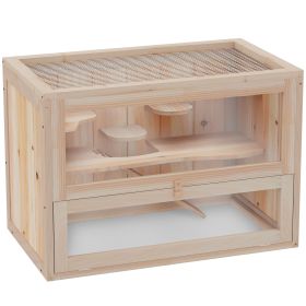 24 Inch Hamster Cage, 2 Levels Small Animals Habitat Pet House with Openable Roof, Run Space, Platforms, Natural Wood