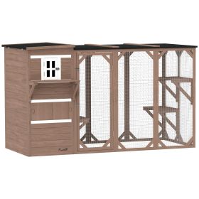 Wooden Cat Catio, 76"L Walk in Outdoor Cat House with Asphalt Roof, Platforms, Lockable Doors for 2-3 Cats, Brown