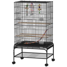 43" Bird Cage with Rolling Stand, Toys, for Budgies Canaries Black