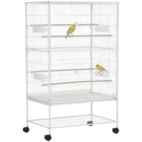 52" Large Rolling Steel Bird Cage Bird House with Rolling Stand, Storage Shelf, Wood Perch, Food Container, White