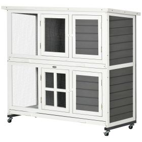 2 Tier Wooden Rabbit Hutch with Wheels, Waterproof Roof, Removable Tray for Outdoor & Indoor, Dark Grey
