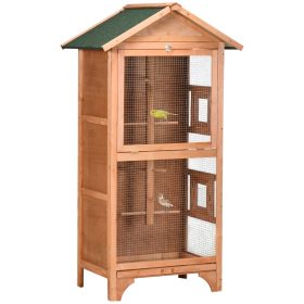 Wooden Bird Aviary Parrot Cage Pet Furniture with Removable Bottom Tray, 2 Doors, Asphalt Roof, 4 Perches, Orange