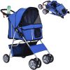 4 Wheel Dog Pet Stroller Dog Cat Carrier Folding Sunshade Canopy with Brake, Safety Leash, Cup Holder, Blue