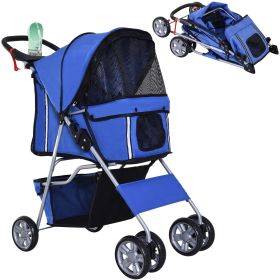 4 Wheel Dog Pet Stroller Dog Cat Carrier Folding Sunshade Canopy with Brake, Safety Leash, Cup Holder, Blue