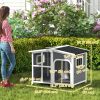 Wooden Dog House, Raised Pet Kennel with Removable Bottom, Openable Asphalt Roof, Door Curtain, Side Windows, Dark Grey