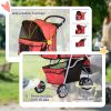 3 Wheels Foldable Dog Stroller with Storage Basket, Adjustable Canopy, Cupholder for Miniature and Small Dogs, Red