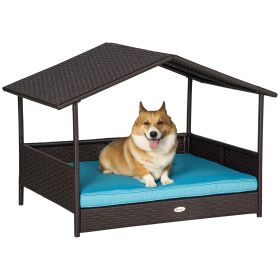 Wicker Dog House Outdoor with Canopy, Rattan Dog Bed with Water-resistant Cushion, Raised Pet Bed for Small, Medium Breeds up to 66 lbs, 20" in Lengt (Option: Blue-830x175x690 mm)