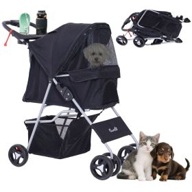 Dog Stroller, One-click Folding Pet Stroller with Cup Holder, 4 Wheels Travel Carrier w/ Brakes, 360�� Swiveling Front Wheels, Storage Basket (Color: Black)