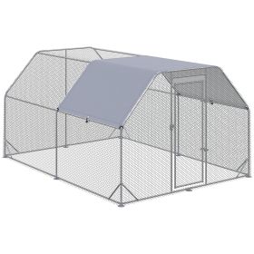 Chicken Run, Galvanized Large Metal Chicken Coop Cage, Walk-in Enclosure Poultry Hen Run House Playpen Rabbit Hutch with Flat Roof, Cover (Color: Silver)