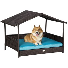 Wicker Pet House Dog Bed for Indoor/Outdoor Rattan Furniture with Cushion (Color: Blue)