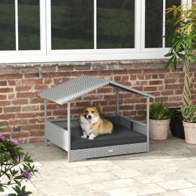 Wicker Dog House Outdoor with Canopy, Rattan Dog Bed with Water-resistant Cushion, Raised Dog Bed for Small, Medium Dogs up to 66 lbs (Color: Gray)