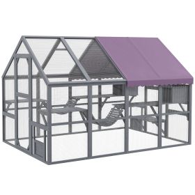 Outdoor Cat Enclosure Wooden Feral Cat House w/ Weatherproof Canopy, Bridges, Resting Boxes, Platforms, for 3-6 Cats (Color: Grey)